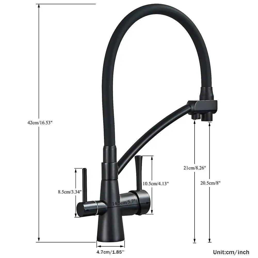 Matte black dual handle kitchen faucet with filtered water spout