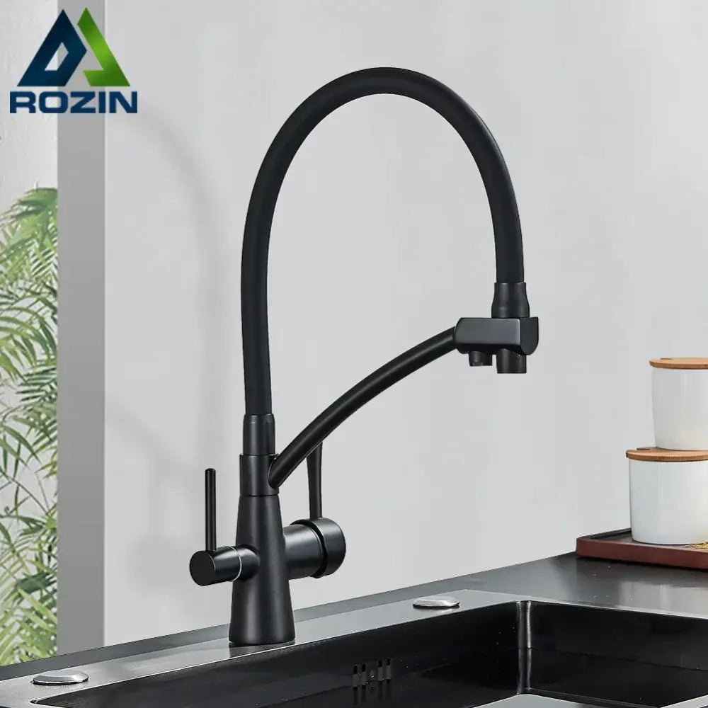 Matte black dual handle kitchen faucet with filtered water spout