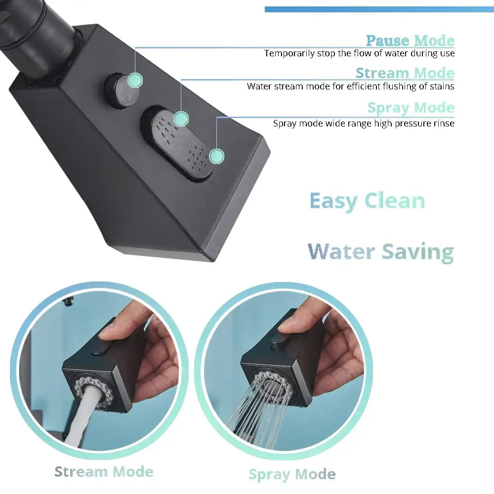 Matte black dual handle kitchen faucet with pull down spray head