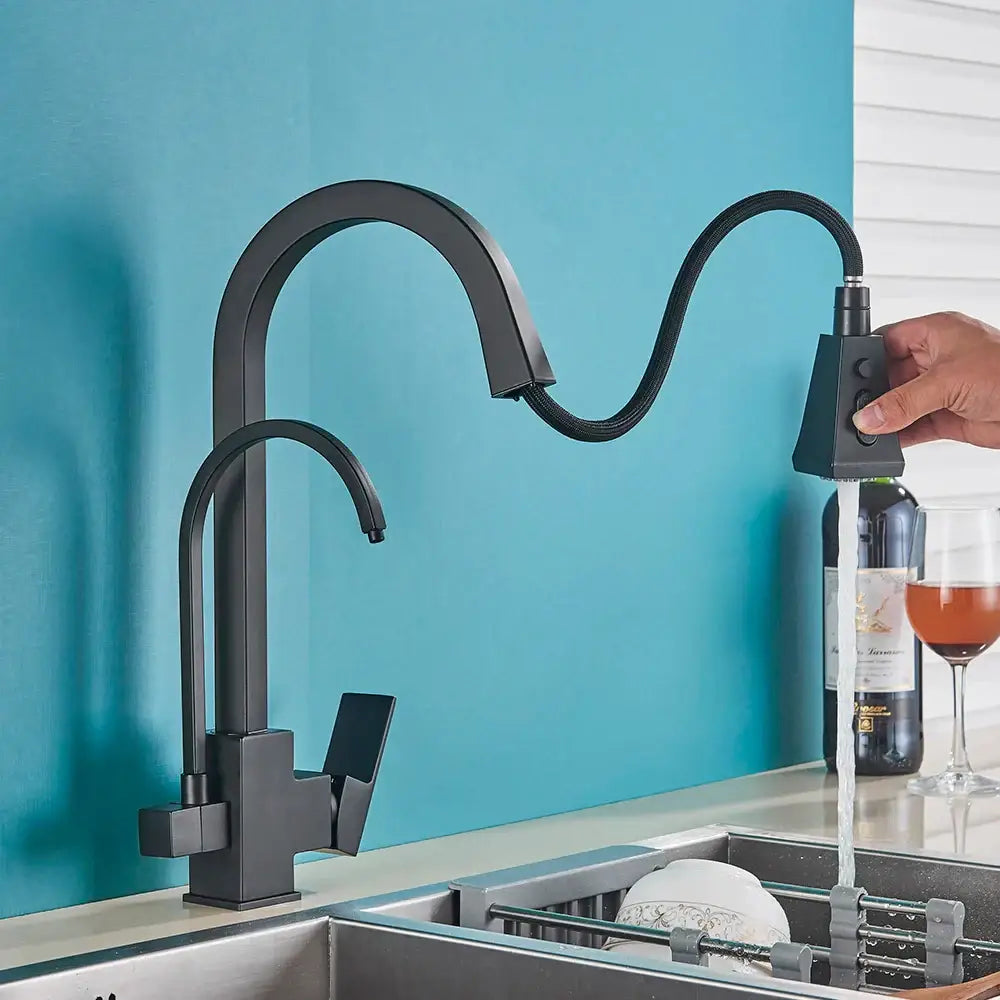 Matte black dual handle kitchen faucet with pull down spray head