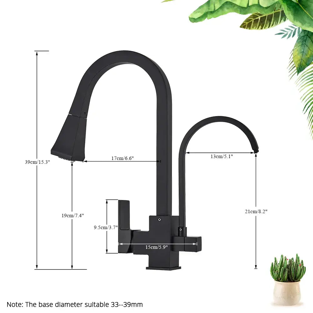 Matte black dual handle kitchen faucet with pull down spray head