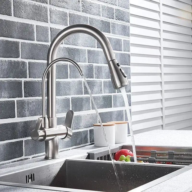Matte black dual handle kitchen faucet with pull down spray head