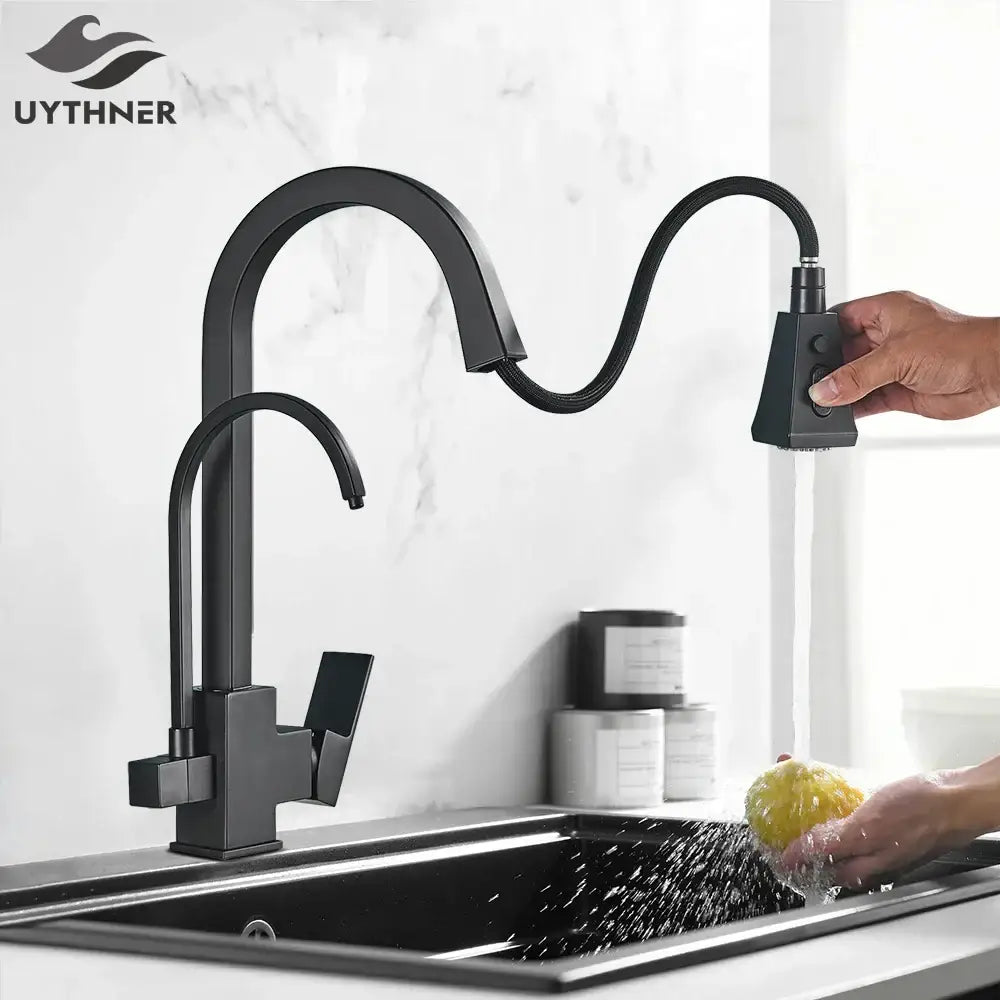 Matte black dual handle kitchen faucet with pull down spray head