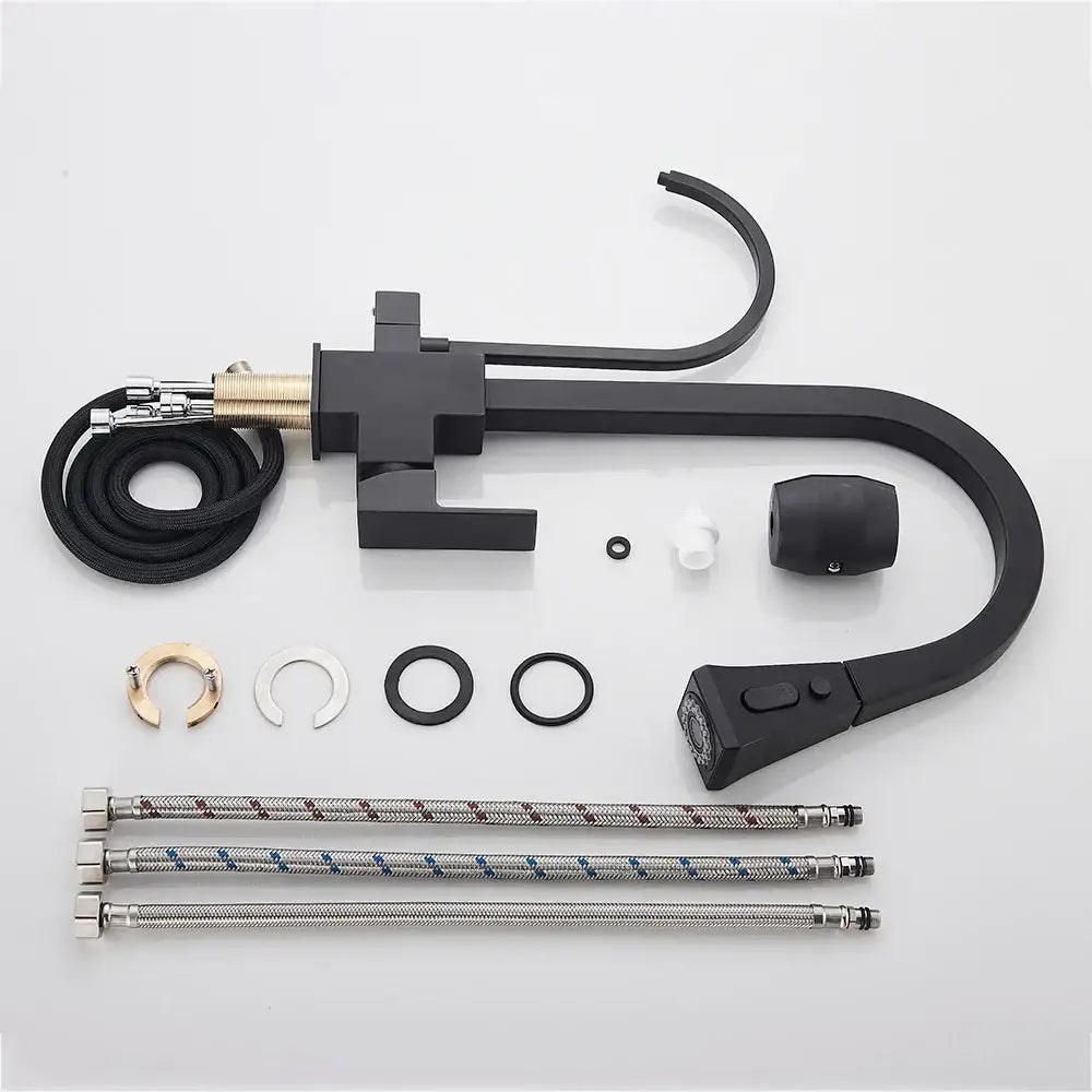 Matte black dual handle kitchen faucet with pull down spray head