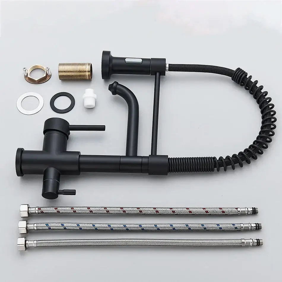 Matte black dual spout kitchen water filter faucet with gooseneck