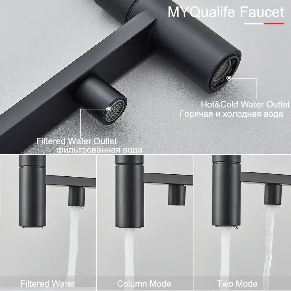 Matte black filtered kitchen faucet with pull down spout