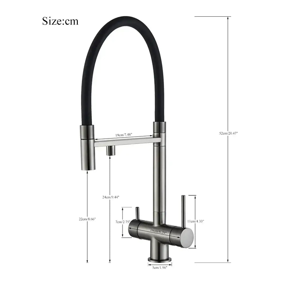Matte black filtered kitchen faucet with pull down spout