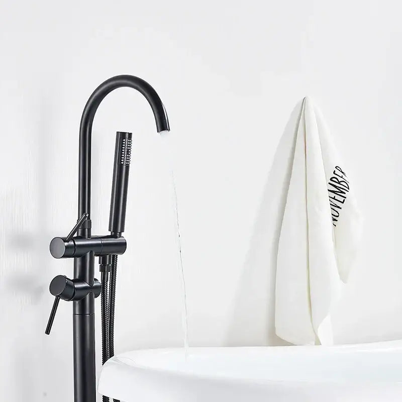 Matte black floor standing bathtub faucet with led swivel spout bathroom