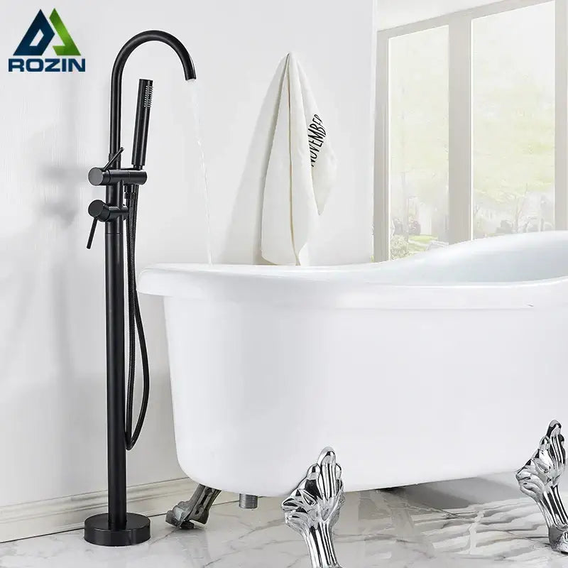 Matte black floor standing bathtub faucet with led swivel spout bathroom