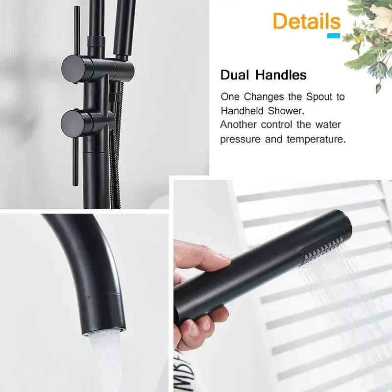 Matte black floor standing bathtub faucet with led swivel spout bathroom