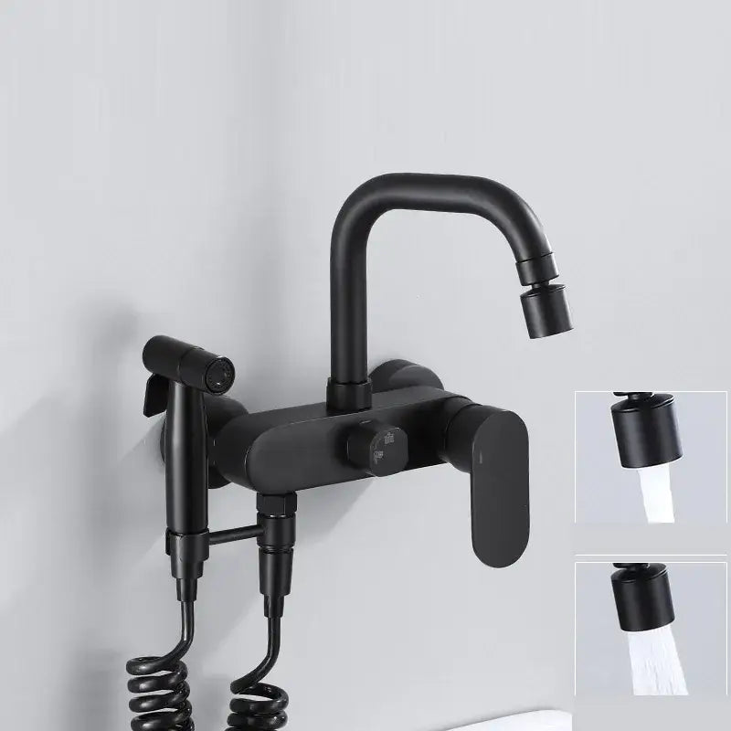 Matte black kitchen mixer tap with integrated handheld showerhead