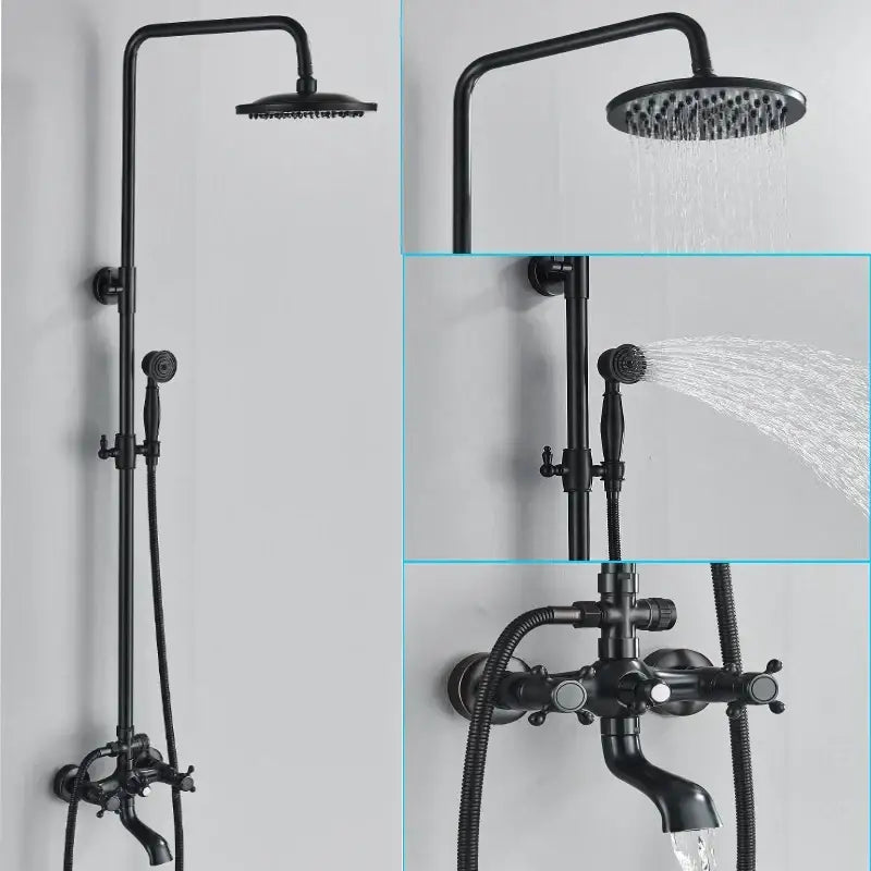 Matte black shower faucet set with handshower and tub spout bathroom