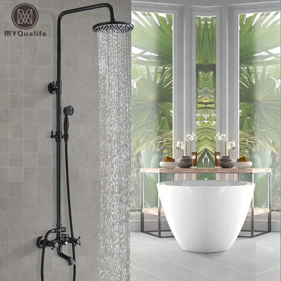 Matte black shower faucet set with handshower and tub spout bathroom