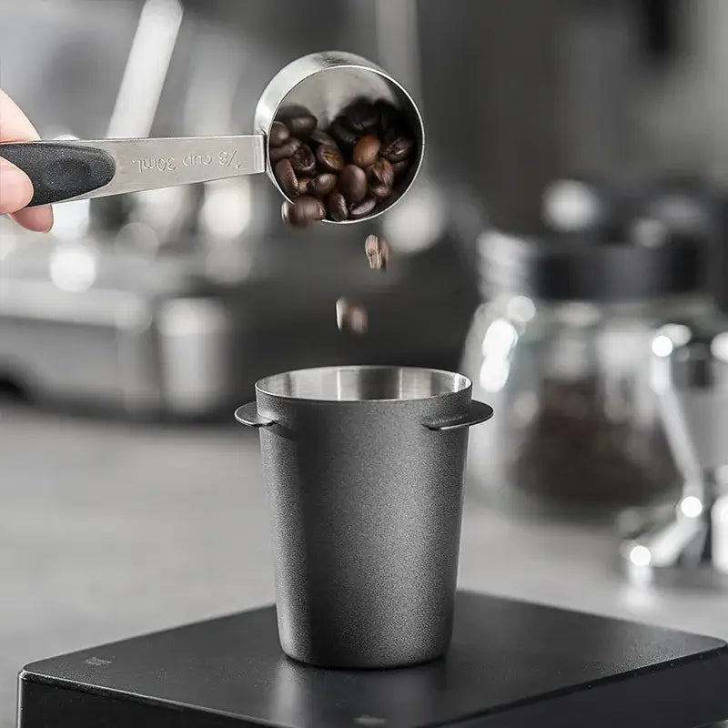 Matte black & stainless steel espresso dosing cup kitchen coffee tool