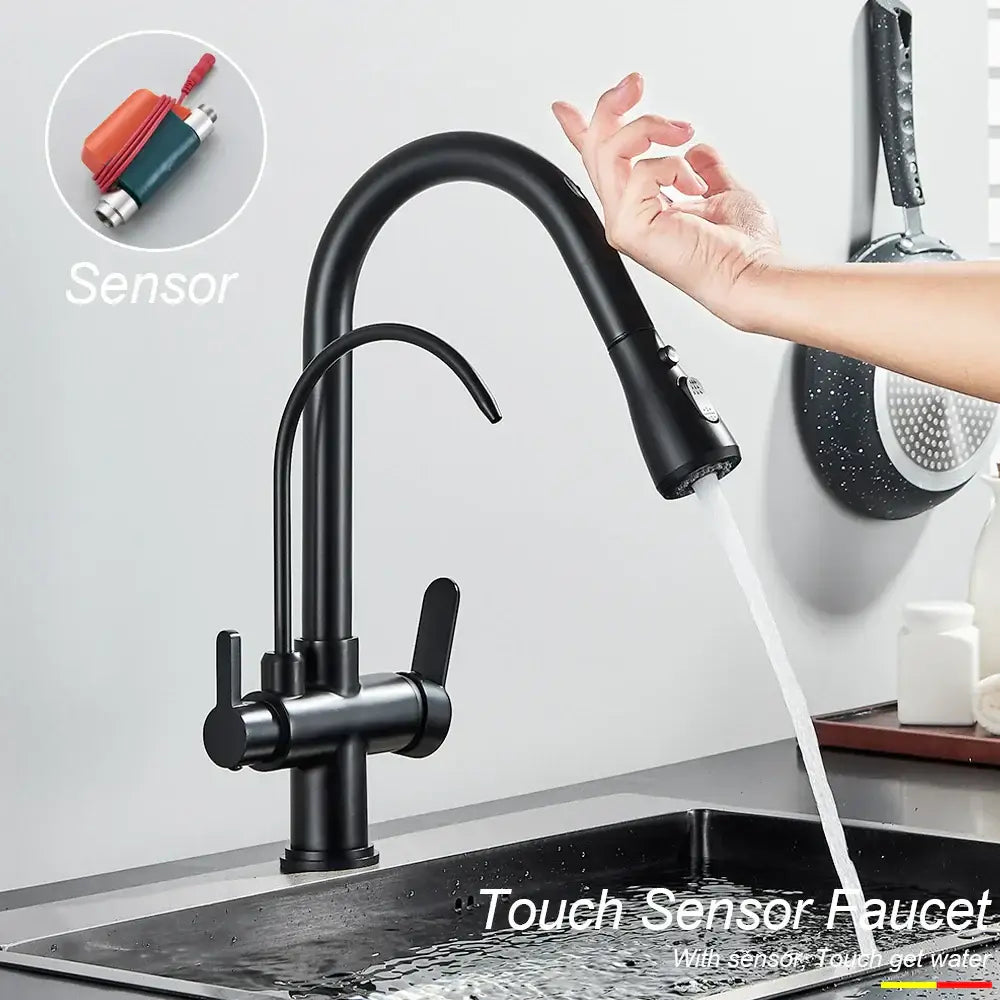 Matte black touch sensor kitchen faucet with pull down sprayer
