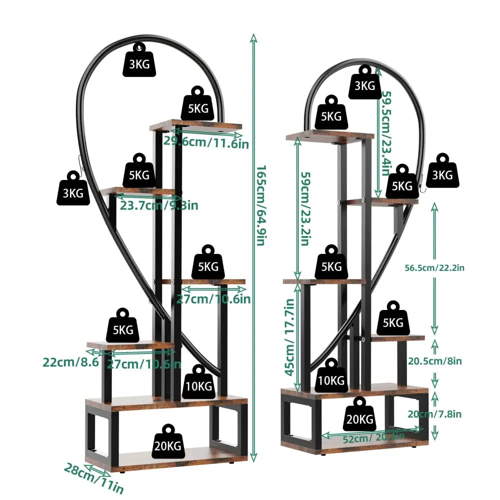 6 tier heart metal plant stand black & wood living room shelves