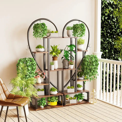 6 tier heart metal plant stand black & wood living room shelves