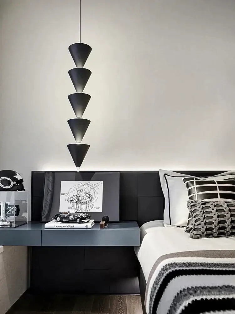 Minimalist black conical pendant light cream bedroom chandelier