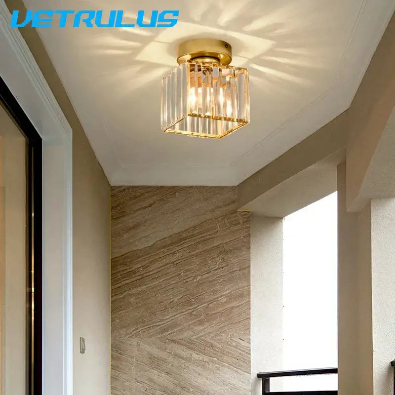 Minimalist black & gold crystal ceiling chandelier corridor light