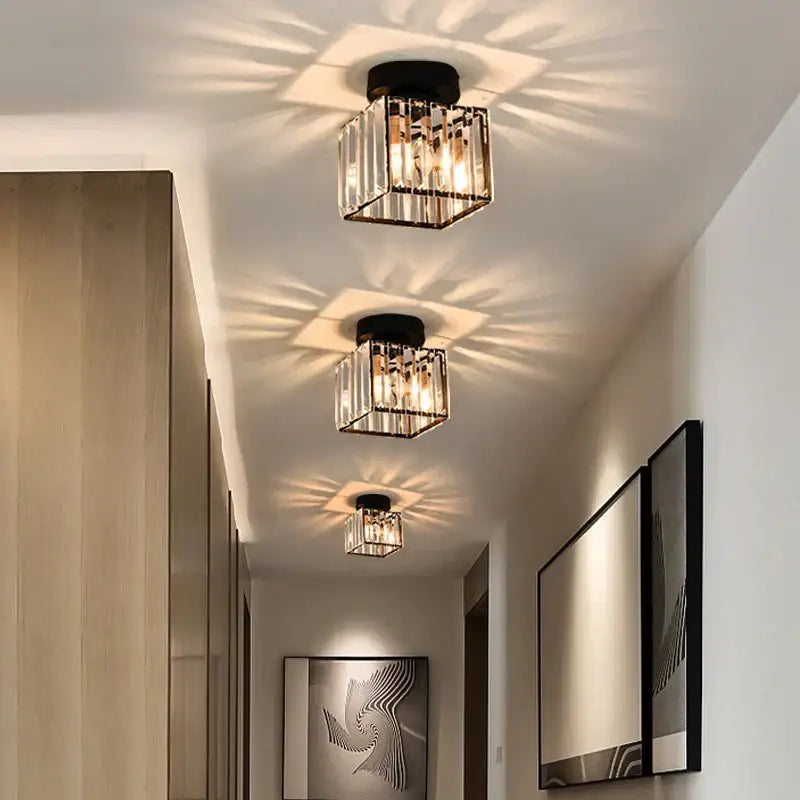 Minimalist black & gold crystal ceiling chandelier corridor light