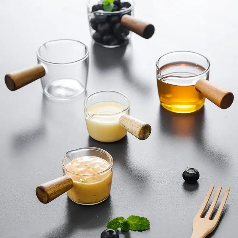 Minimalist clear glass sauce dish with wooden handle kitchen accessory