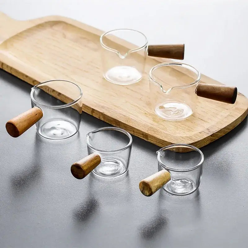 Minimalist clear glass sauce dish with wooden handle kitchen accessory