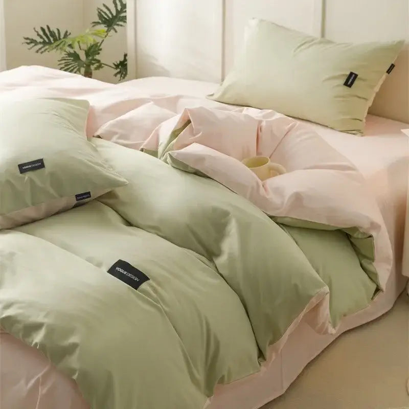 Minimalist off-white & mint matching cotton bedding set bedroom