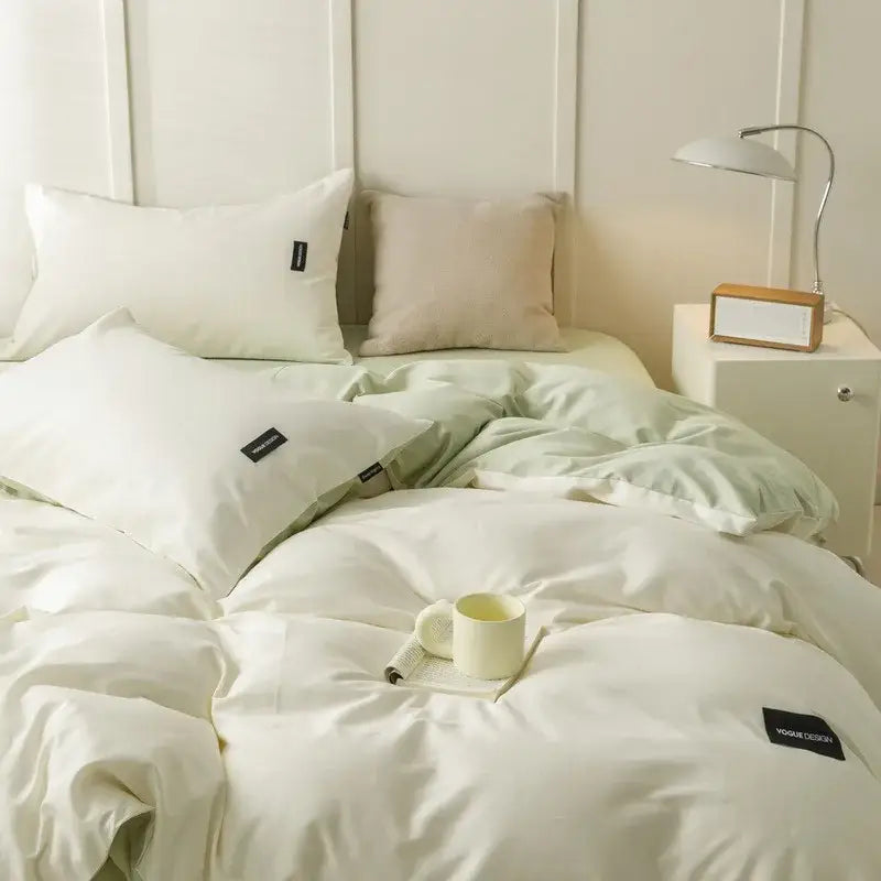 Minimalist off-white & mint matching cotton bedding set bedroom