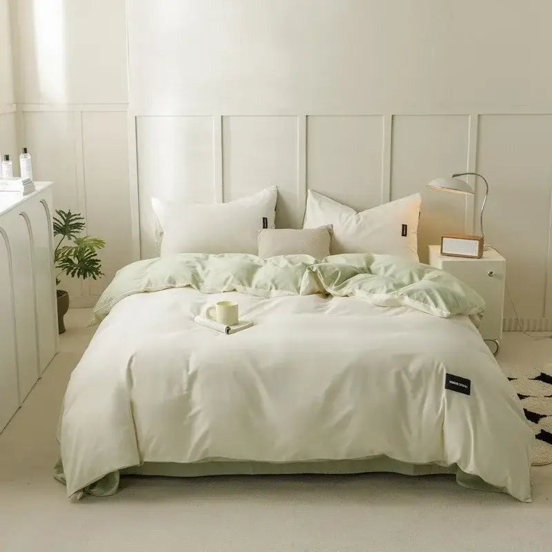 Minimalist off-white & mint matching cotton bedding set bedroom