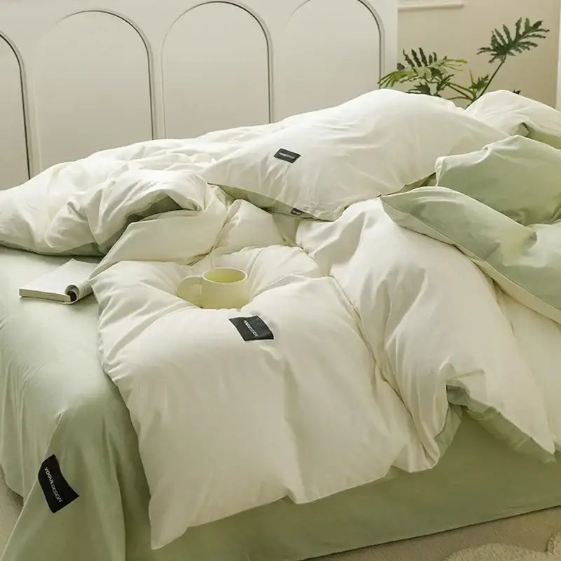 Minimalist off-white & mint matching cotton bedding set bedroom