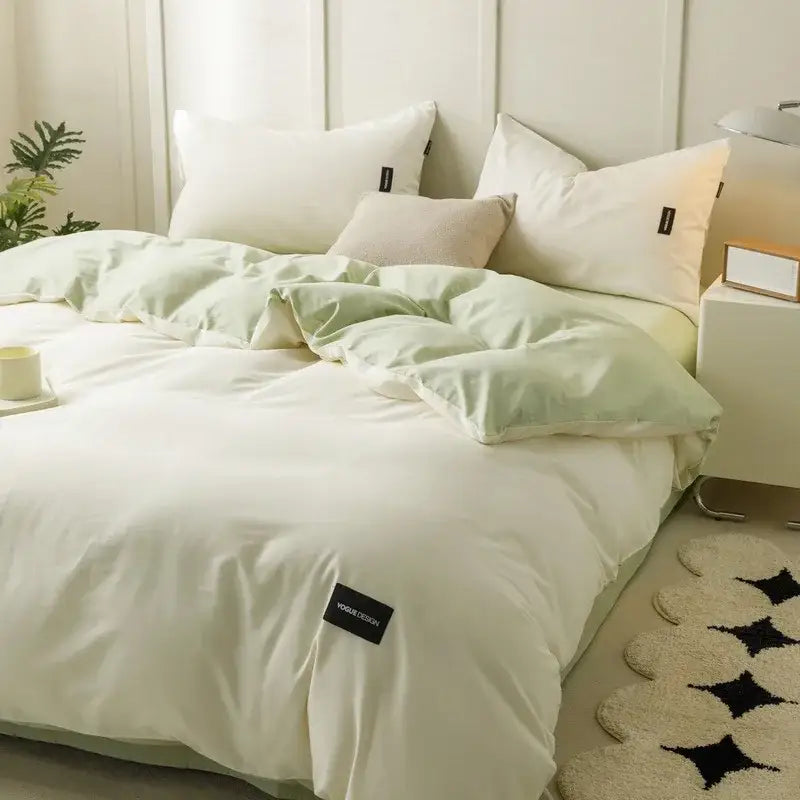 Minimalist off-white & mint matching cotton bedding set bedroom