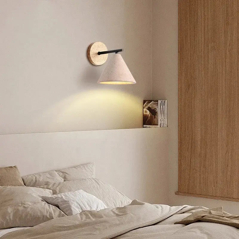 Minimalist pink concrete and wood yellow travertine wall lights bedroom