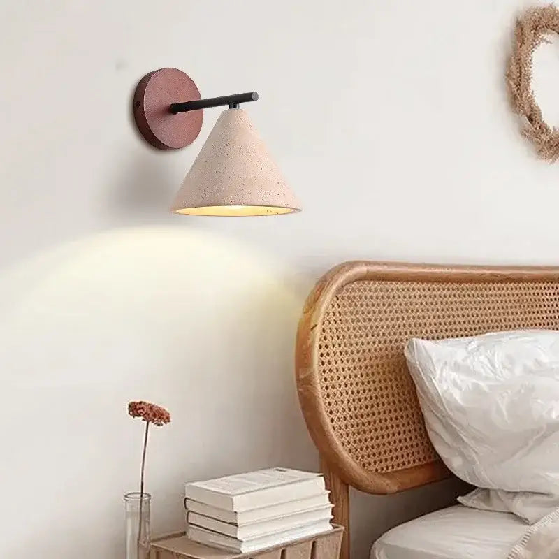 Minimalist pink concrete and wood yellow travertine wall lights bedroom