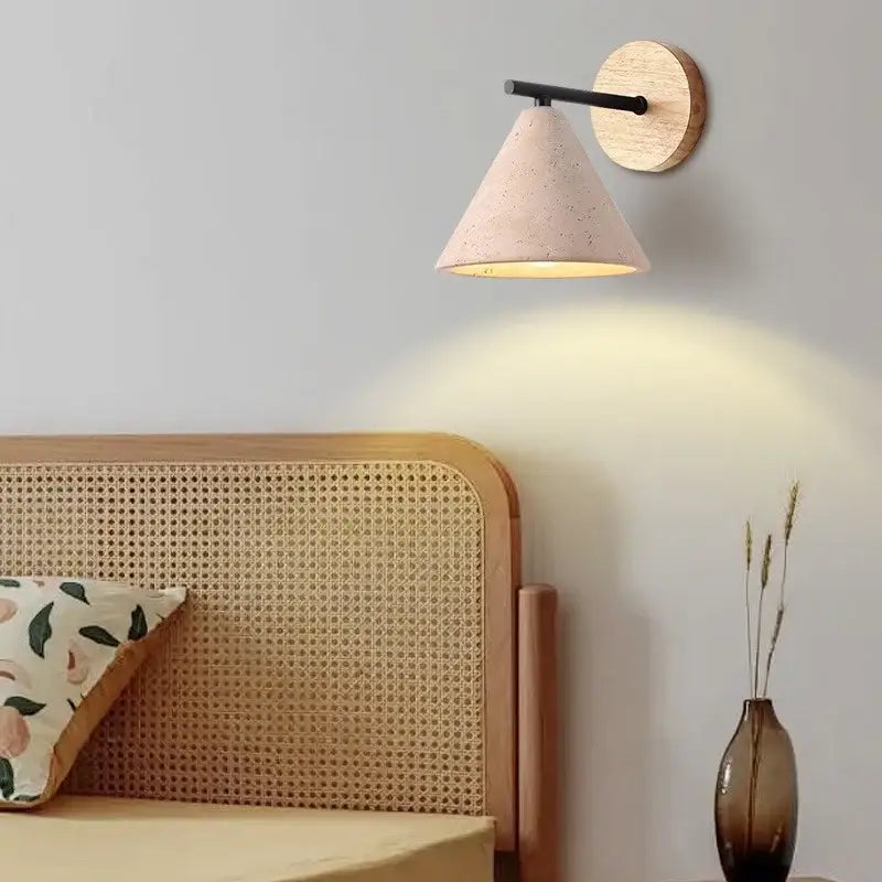 Minimalist pink concrete wall sconce bedroom light with wood backplate