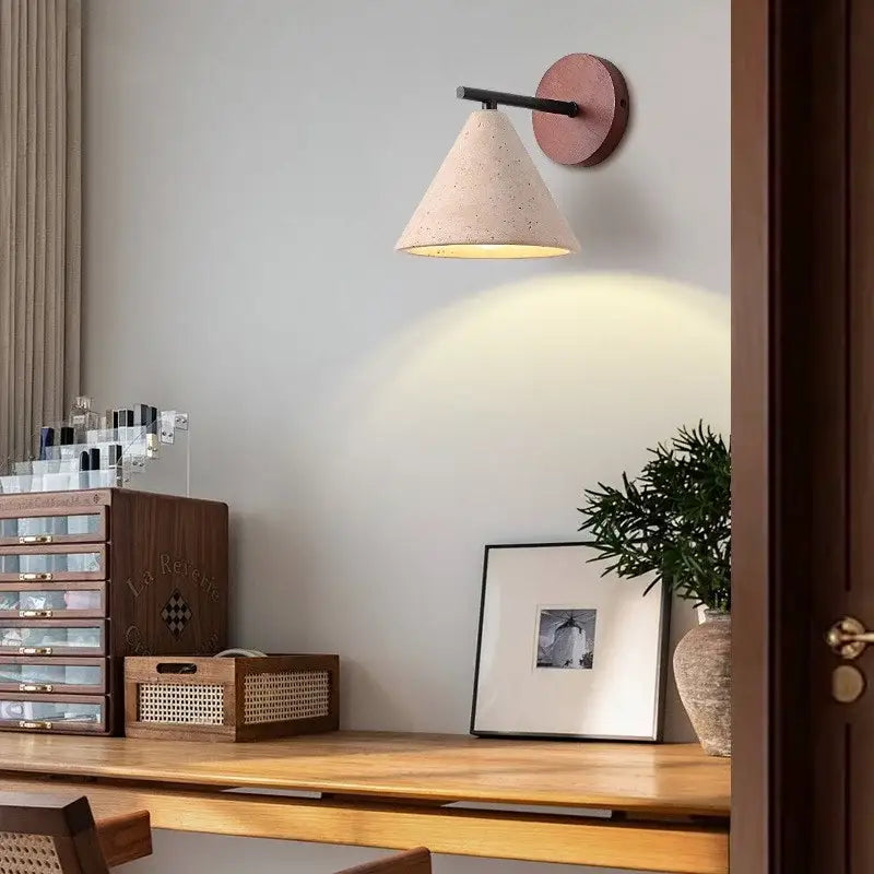 Minimalist pink concrete wall sconce bedroom light with wood backplate