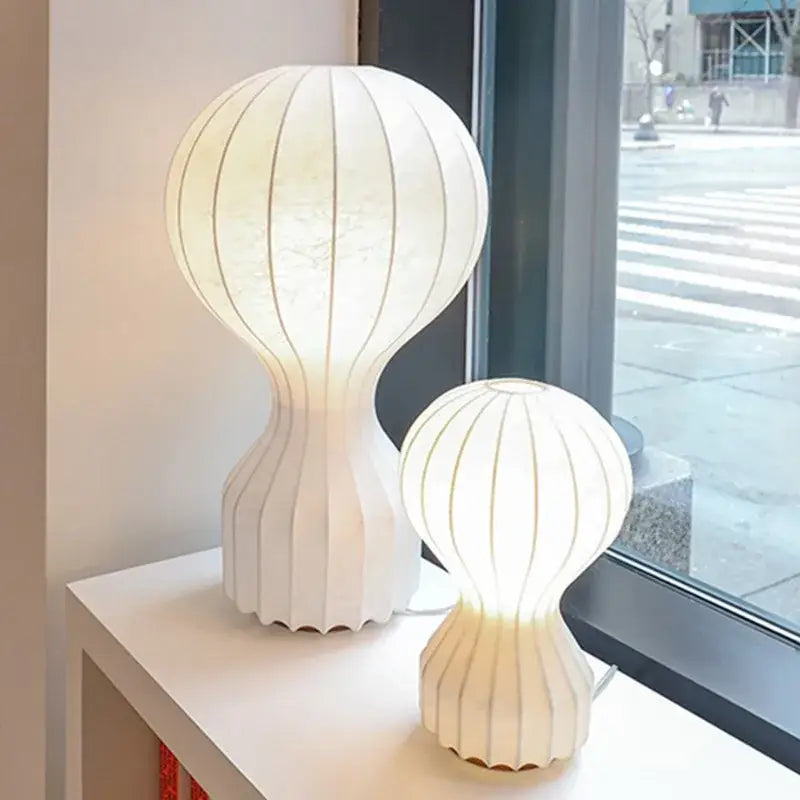 Minimalist white ribbed cocoon silk table lamp for bedroom