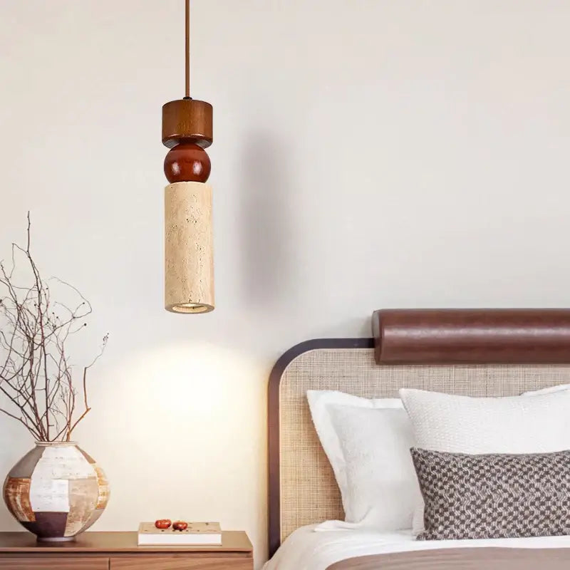 Minimalist wood and cuboid stone led pendant light dining room