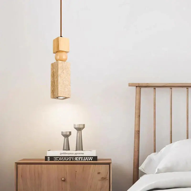 Minimalist wood and cuboid stone led pendant light dining room