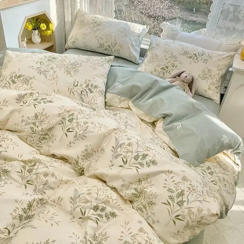 Mint & cream floral print cotton bedding set bedroom duvet cover