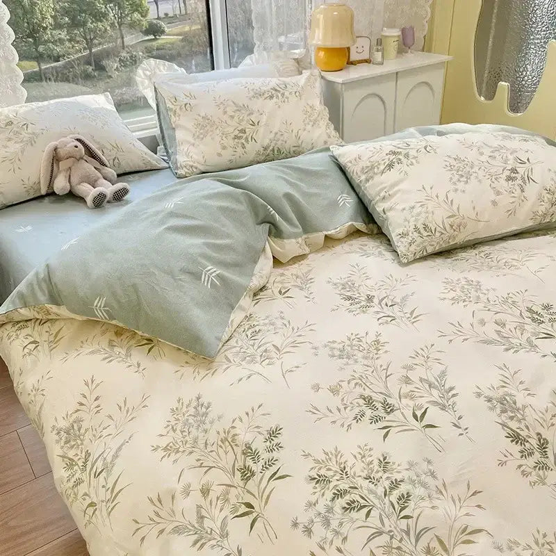 Mint & cream floral print cotton bedding set bedroom duvet cover
