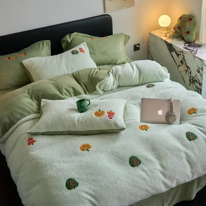 Mint green embroidered matte ant velvet duvet set bedroom blanket