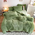 Mint green fluffy faux fur bedding set with heart pillow bedroom