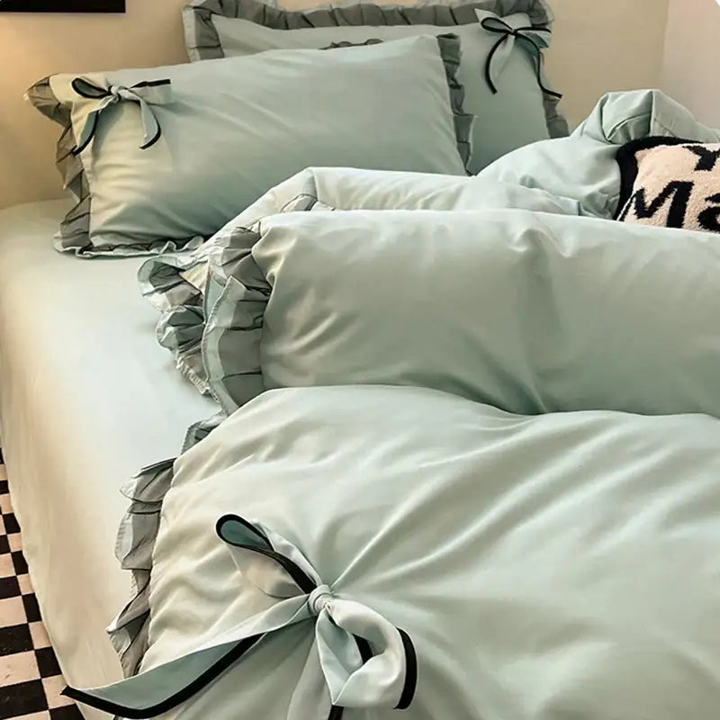Mint green ruffled cotton embroidery bedding set for bedroom