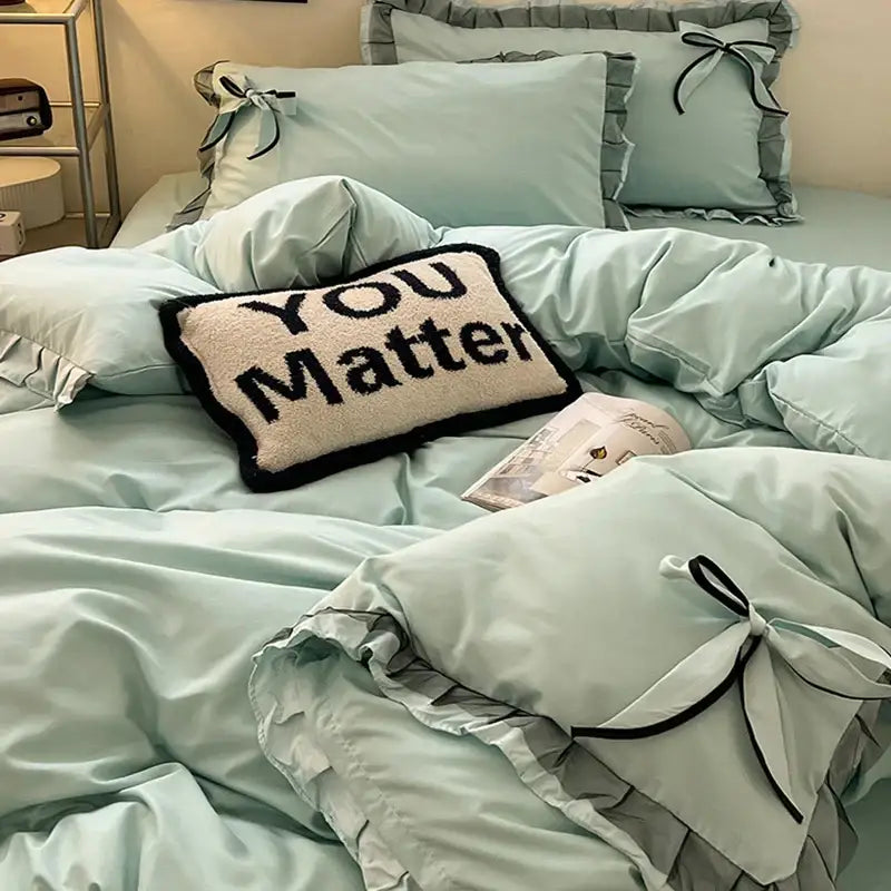 Mint green ruffled cotton embroidery bedding set for bedroom