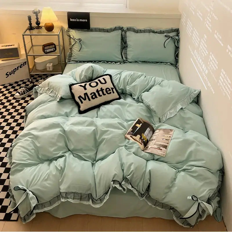 Mint green ruffled cotton embroidery bedding set for bedroom