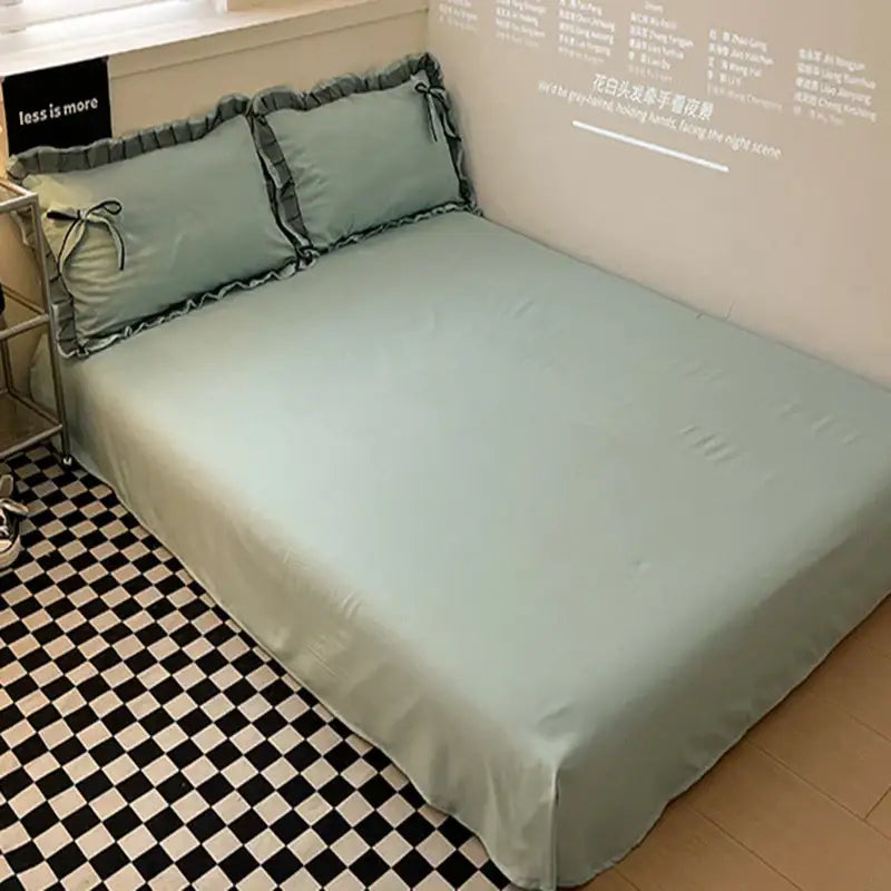 Mint green ruffled cotton embroidery bedding set for bedroom