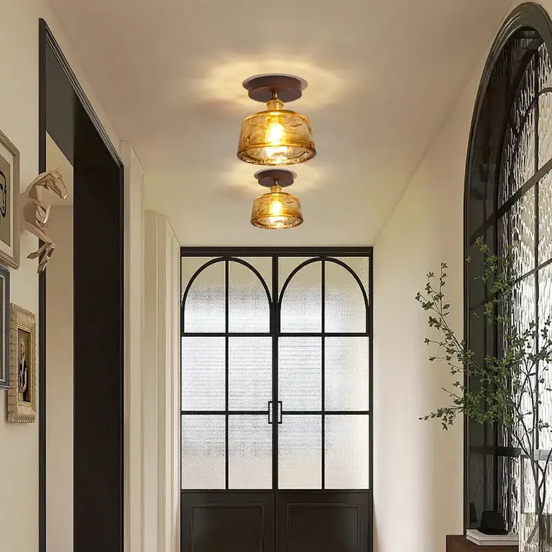 Modern amber glass and brass led ceiling lamp dining room