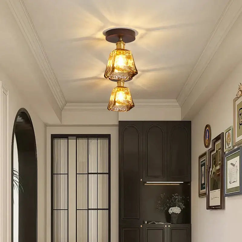 Modern amber glass and brass led ceiling lamp dining room