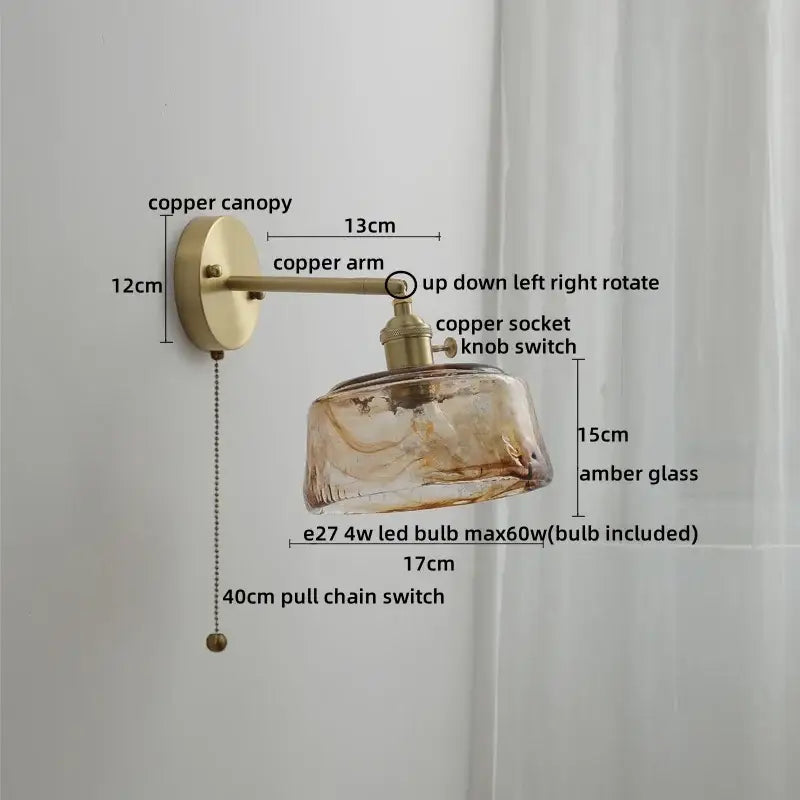 Modern amber glass copper led wall lamp bedroom sconce