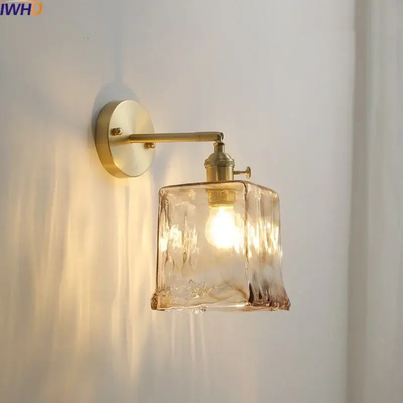 Modern amber glass copper led wall lamp bedroom sconce